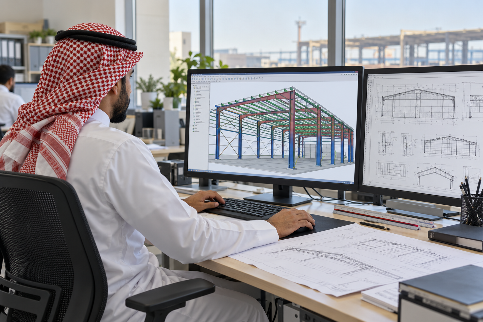 صورة توضيحية لمهندس يعمل على نموذج CAD