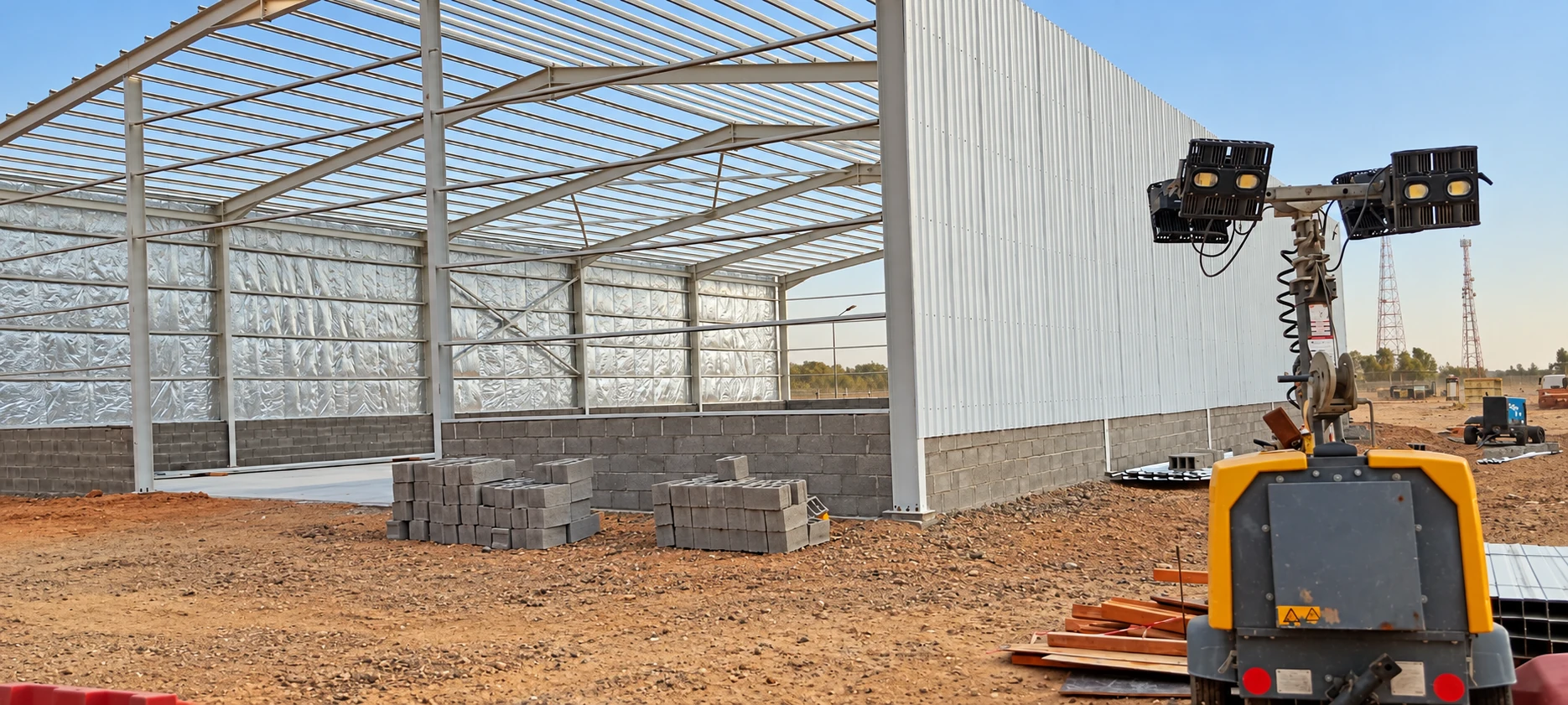 Warehouse steelwork in Jazan — Cladding Progress Around the Steel Frame